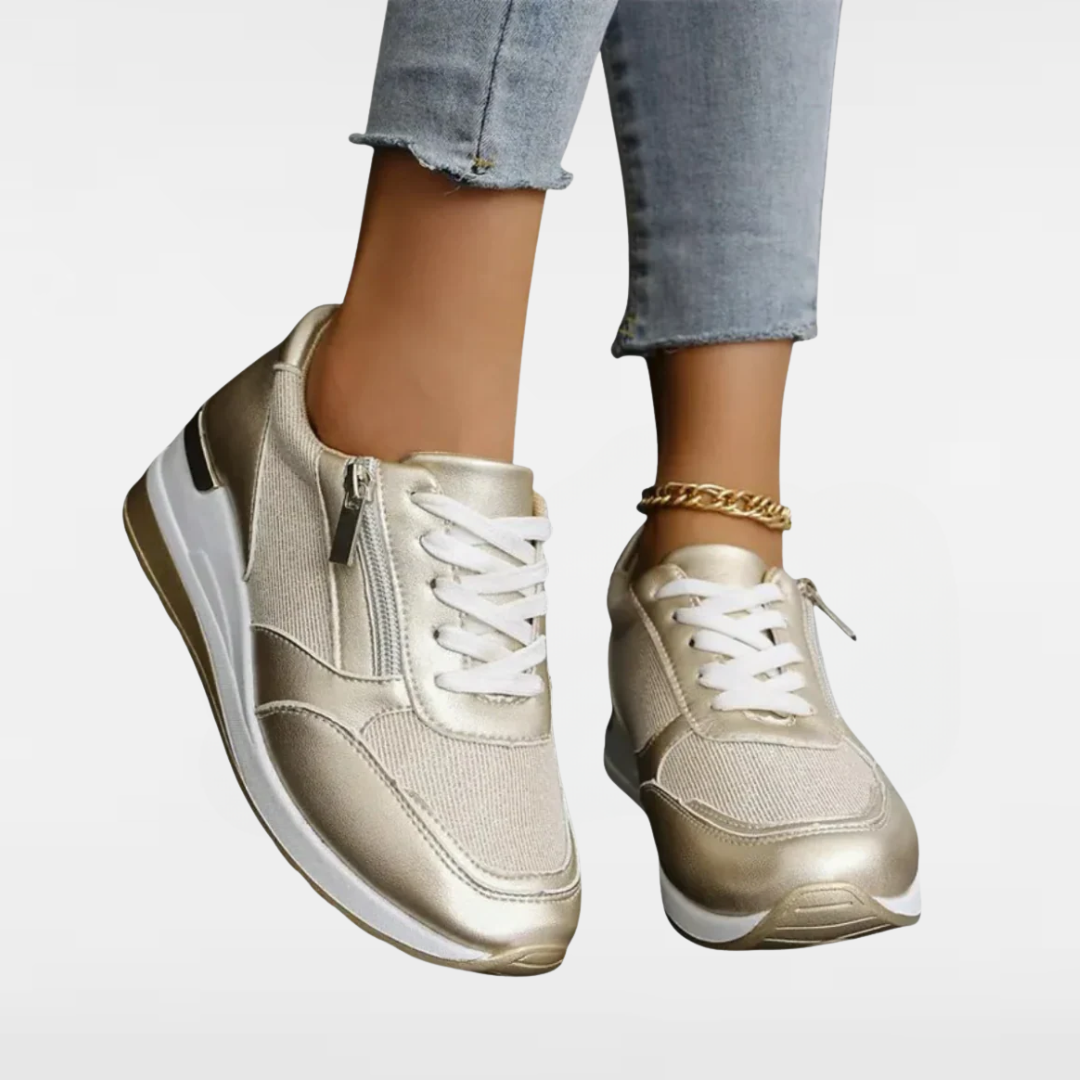 Jenny | Fashion sneakers with laces and side zipper in sparkling silver and gold