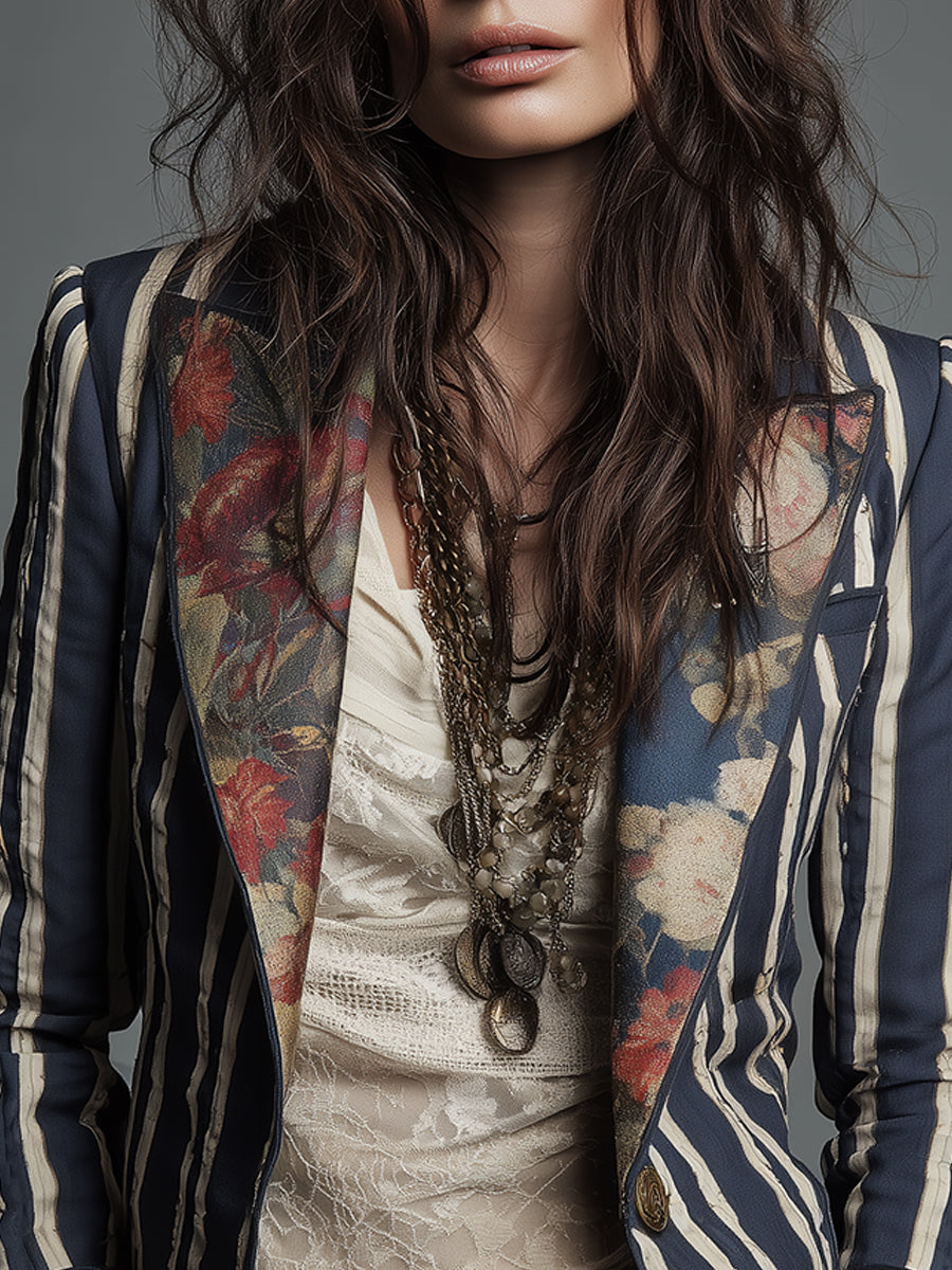 Béatrice | Striped Blazer with Woven Floral Details