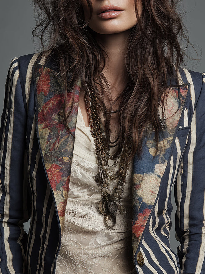 Béatrice | Striped Blazer with Woven Floral Details