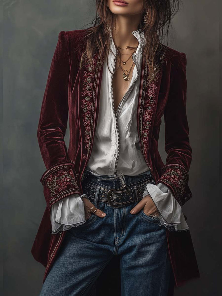 Erica | Long Embroidered Velvet Jacket