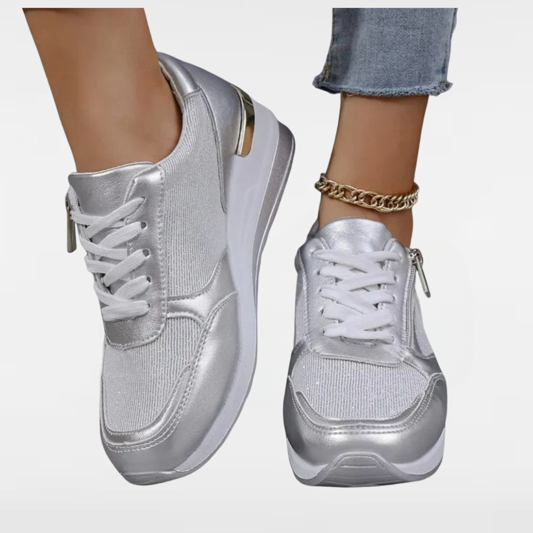 Jenny | Fashion sneakers with laces and side zipper in sparkling silver and gold