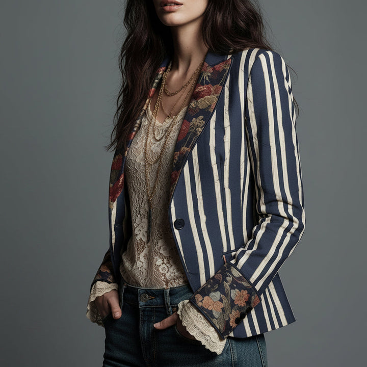 Béatrice | Striped Blazer with Woven Floral Details