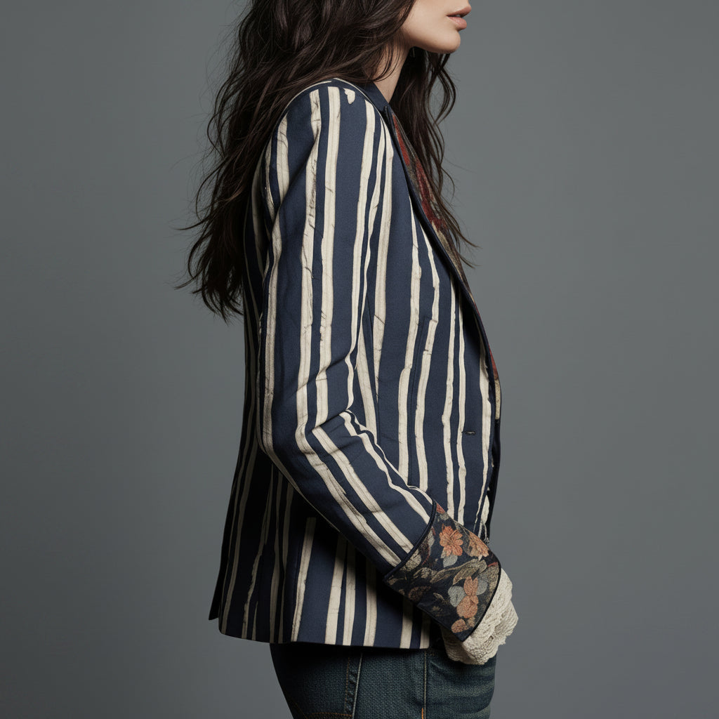 Béatrice | Striped Blazer with Woven Floral Details