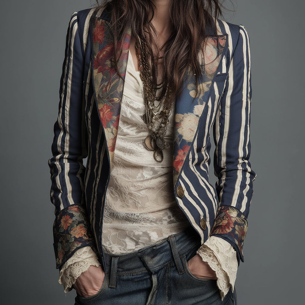 Béatrice | Striped Blazer with Woven Floral Details
