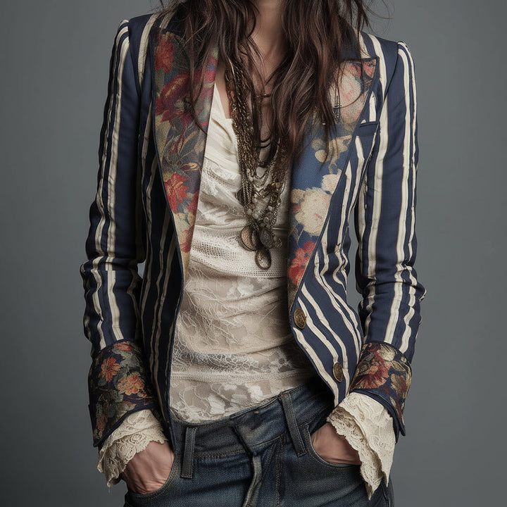 Béatrice | Striped Blazer with Woven Floral Details