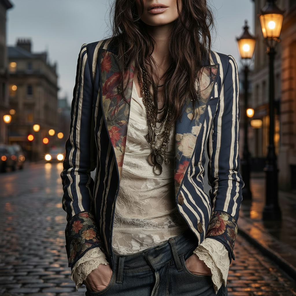 Béatrice | Striped Blazer with Woven Floral Details