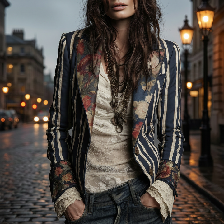 Béatrice | Striped Blazer with Woven Floral Details