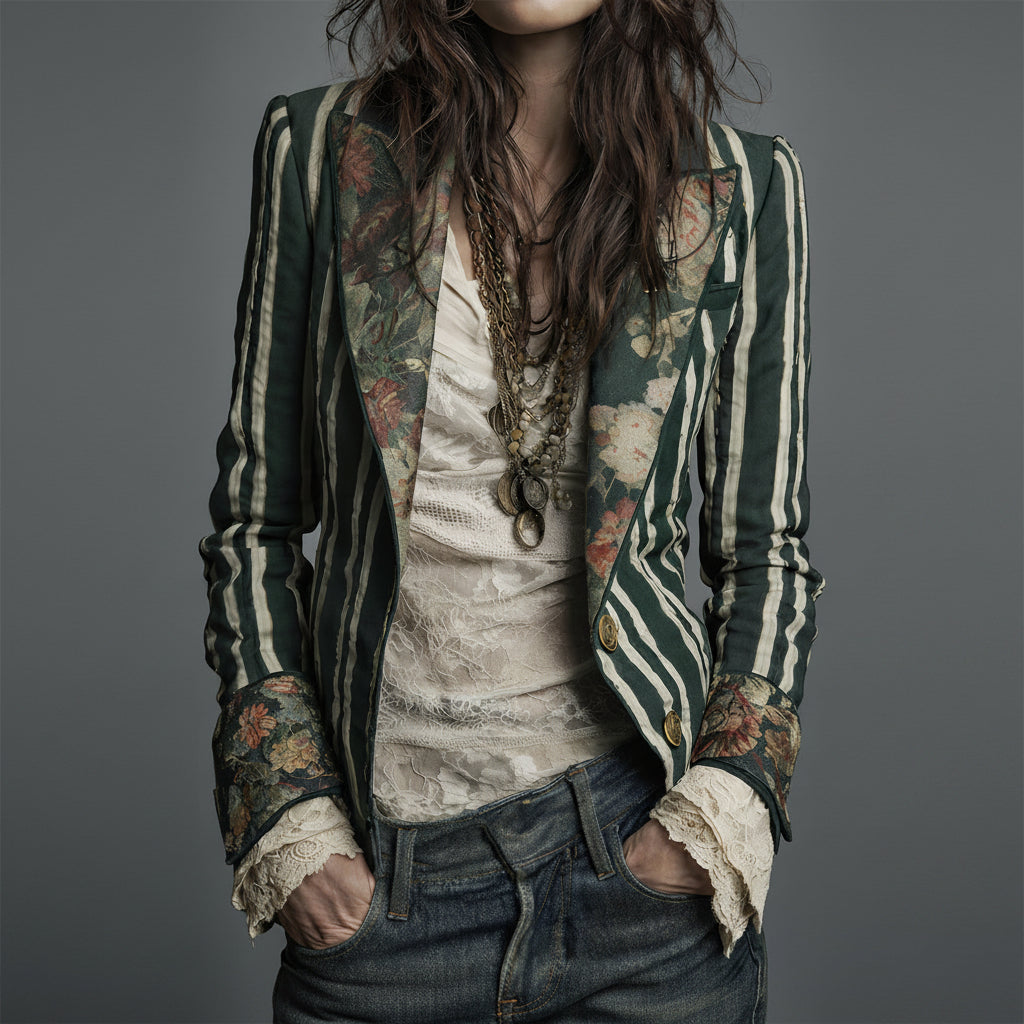 Béatrice | Striped Blazer with Woven Floral Details
