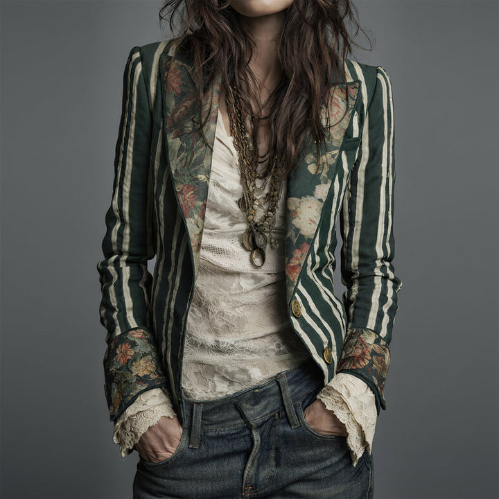 Béatrice | Striped Blazer with Woven Floral Details