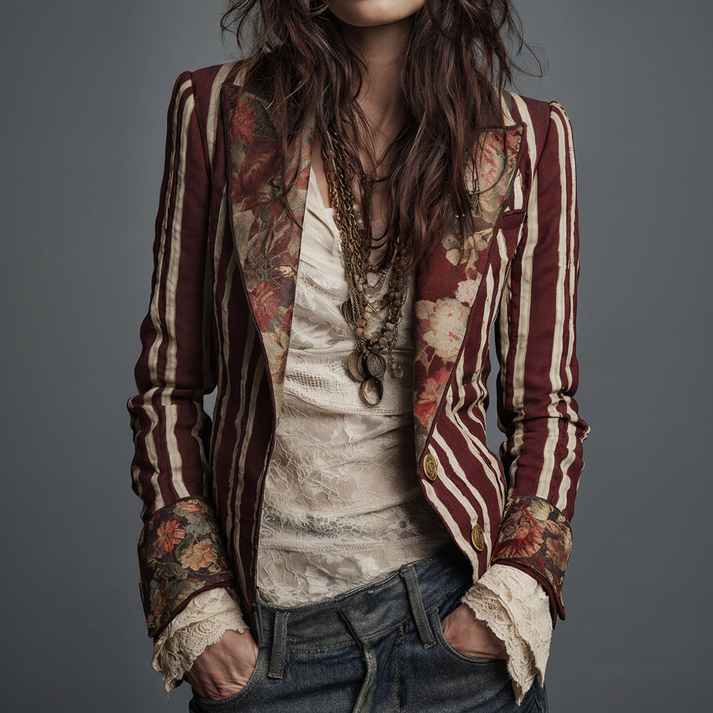 Béatrice | Striped Blazer with Woven Floral Details