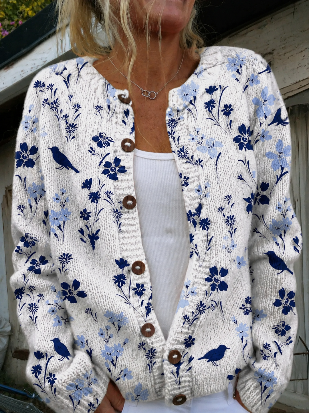 Vynora™ | Button-Up Knit Cardigan with Vintage Floral Print