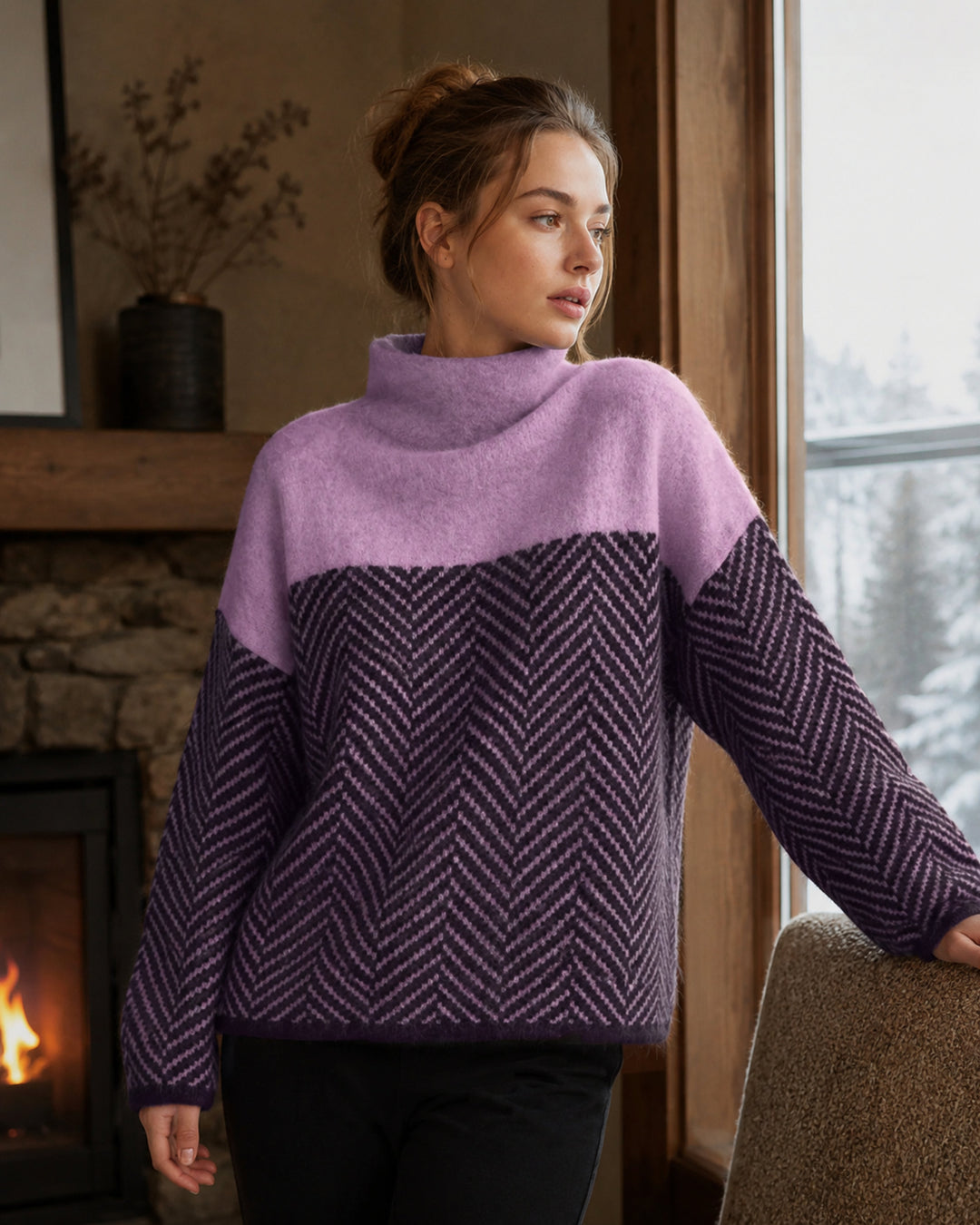 Vera | Colour-Block Chevron Oversized Turtleneck Sweater
