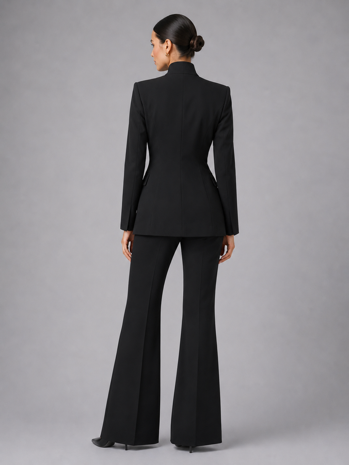 Liesel | Blazer Suit with No Collar and Wide Leg Pants