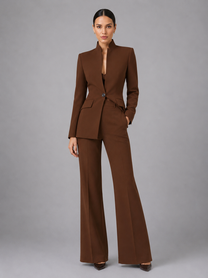Liesel | Blazer Suit with No Collar and Wide Leg Pants