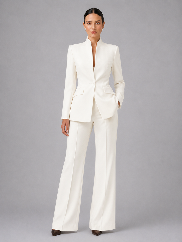 Liesel | Blazer Suit with No Collar and Wide Leg Pants