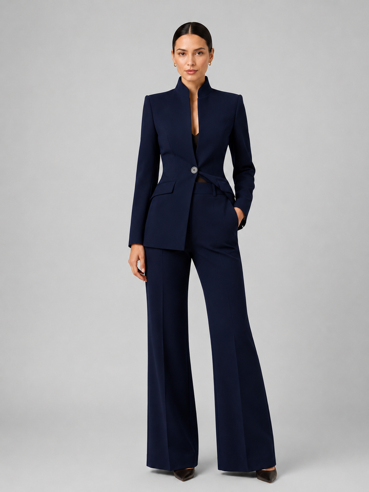 Liesel | Blazer Suit with No Collar and Wide Leg Pants