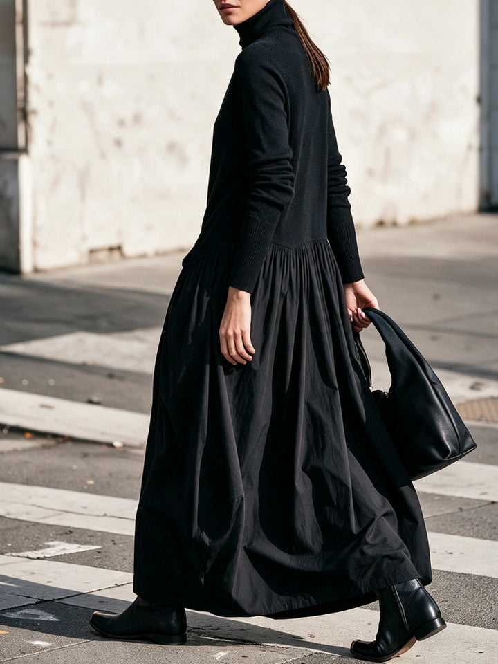 Odette | Oversized Black Maxi Dress with High Collar
