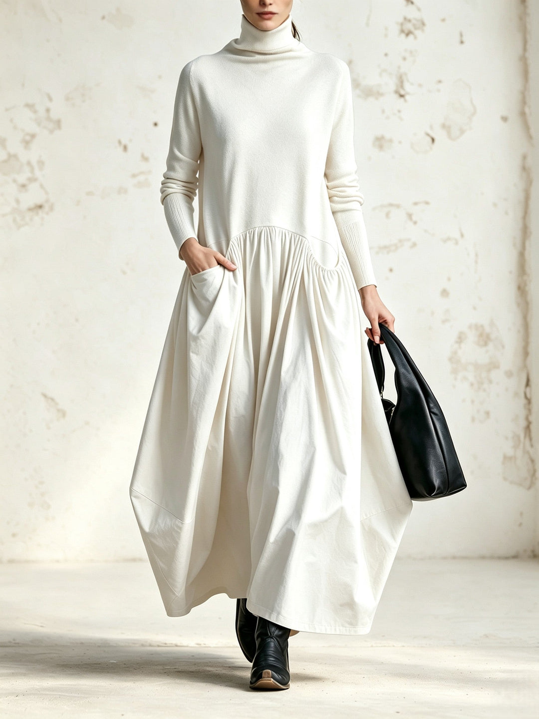Odette | Oversized Black Maxi Dress with High Collar