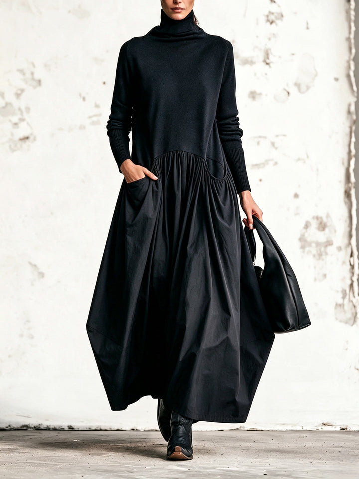 Odette | Oversized Black Maxi Dress with High Collar