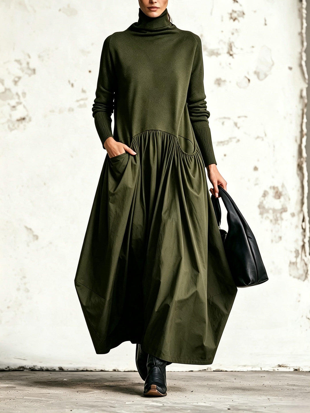 Odette | Oversized Black Maxi Dress with High Collar