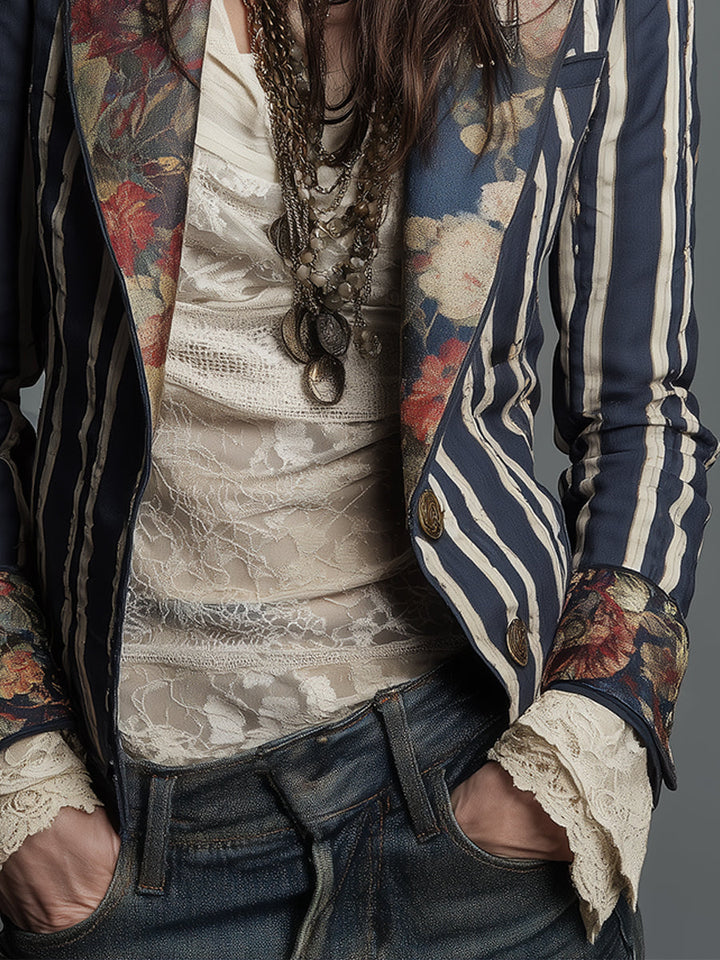 Béatrice | Striped Blazer with Woven Floral Details