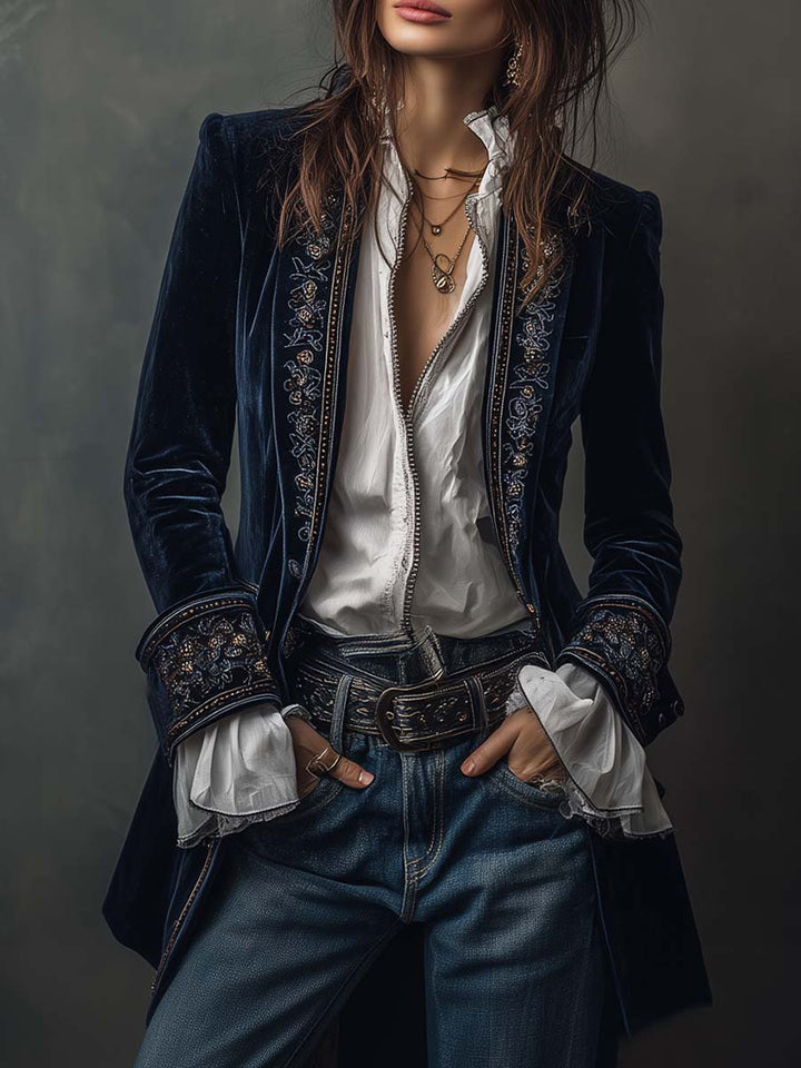 Erica | Long Embroidered Velvet Jacket