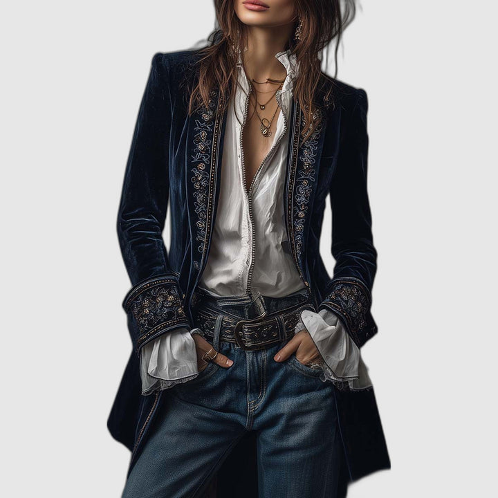 Erica | Long Embroidered Velvet Jacket