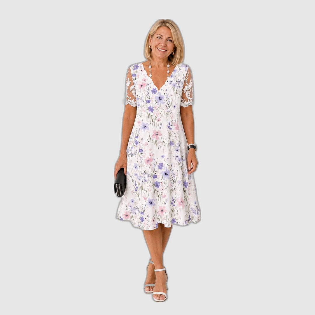Frances | Midi Dress with Floral Lace Sleeves