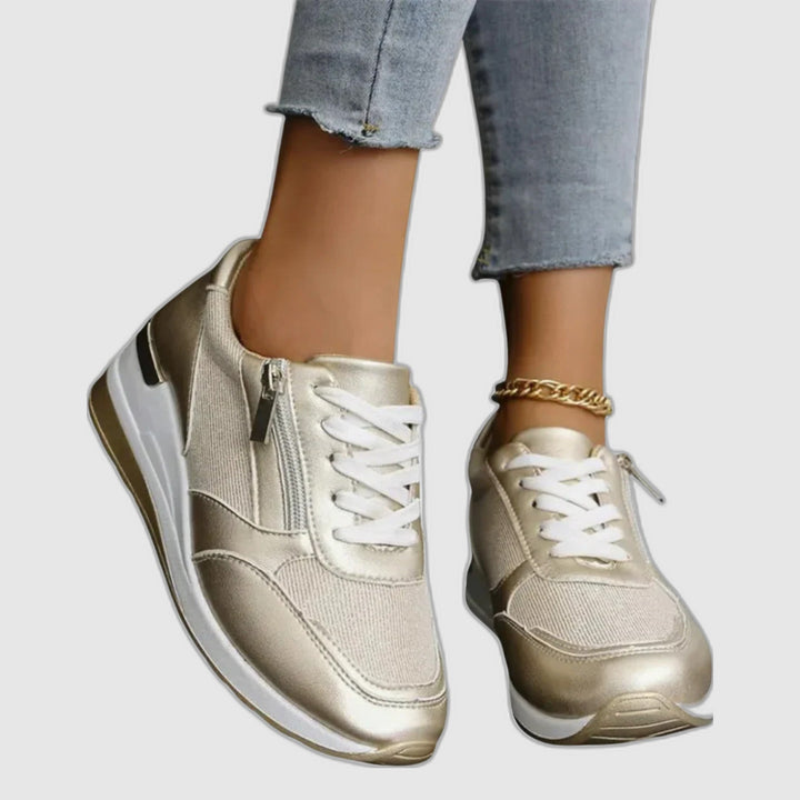 Jenny | Fashion sneakers with laces and side zipper in sparkling silver and gold